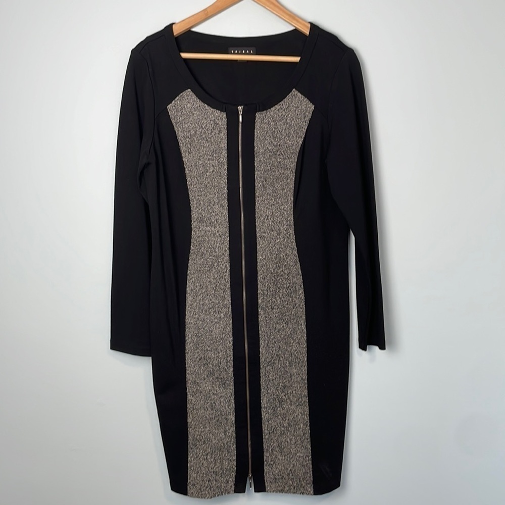 Tribal Black and Tweed Zipper Front Long Sleeve Bodycon Dress Size 12